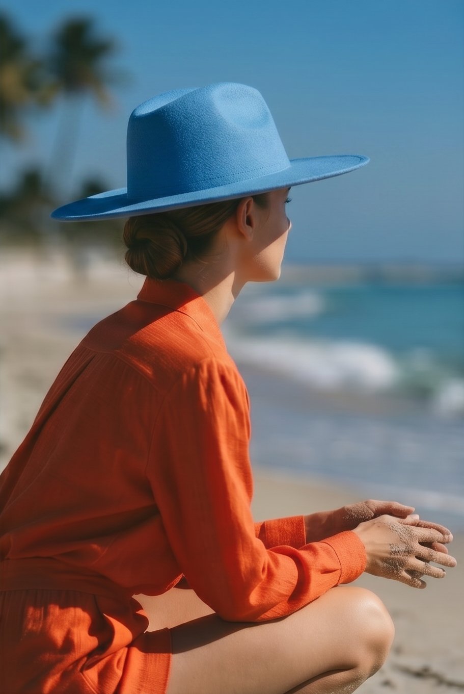 Beach portrait, blue sun hat, ocean — West Palm Beach