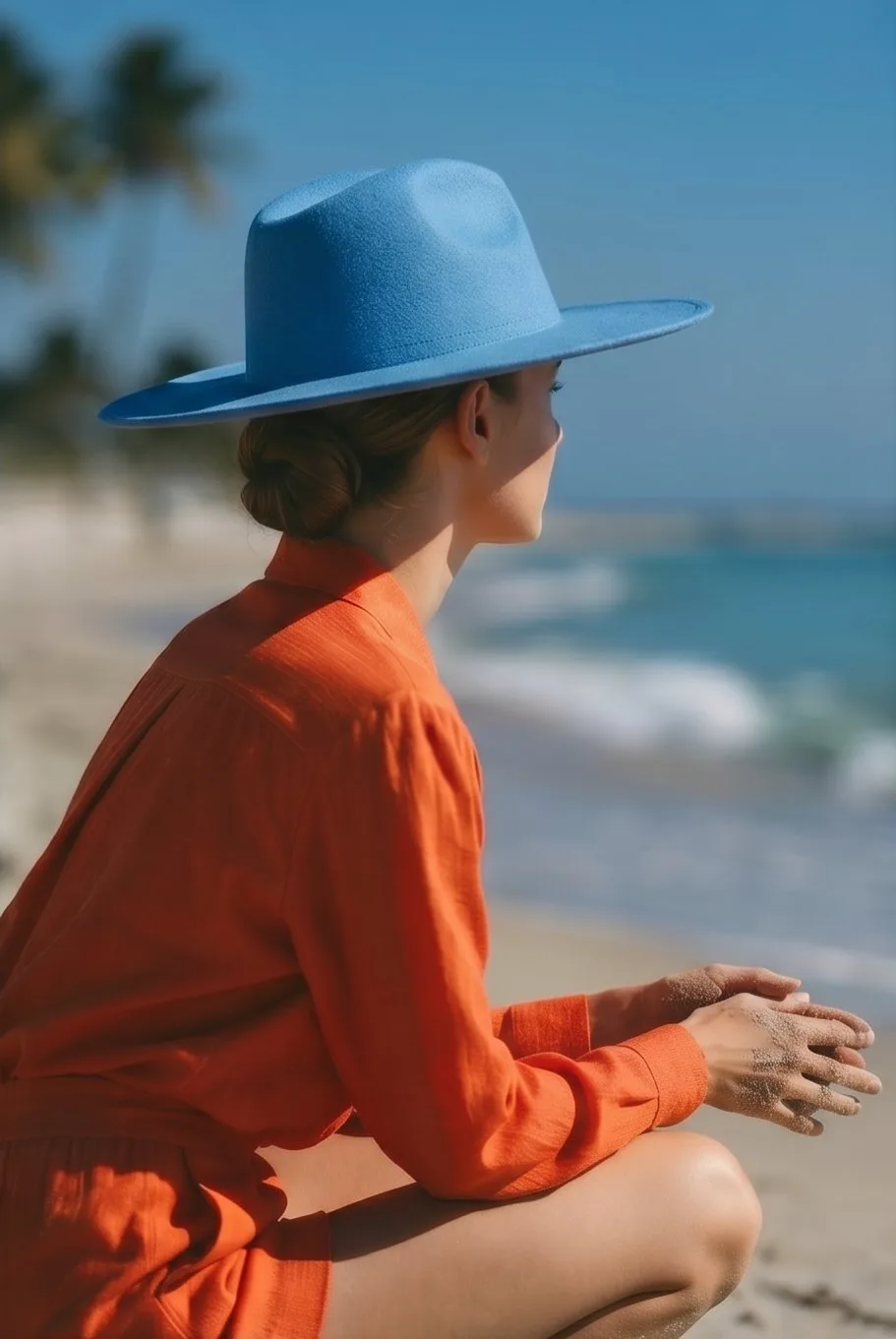 Beach portrait, blue sun hat, ocean — West Palm Beach