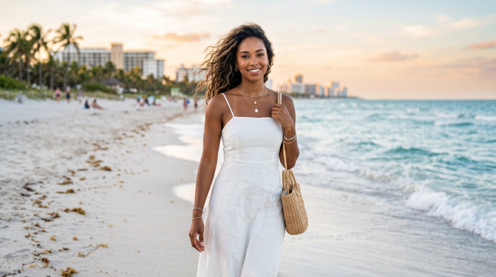 Beach portrait, white dress, Miami sunset