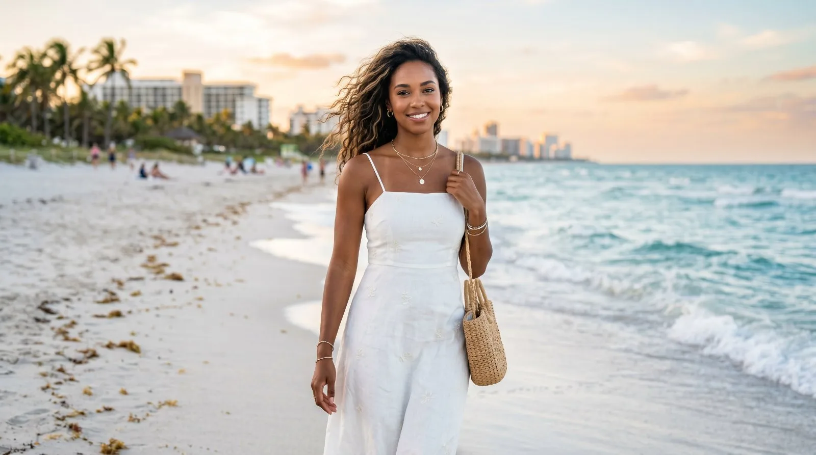 Beach portrait, white dress, Miami sunset