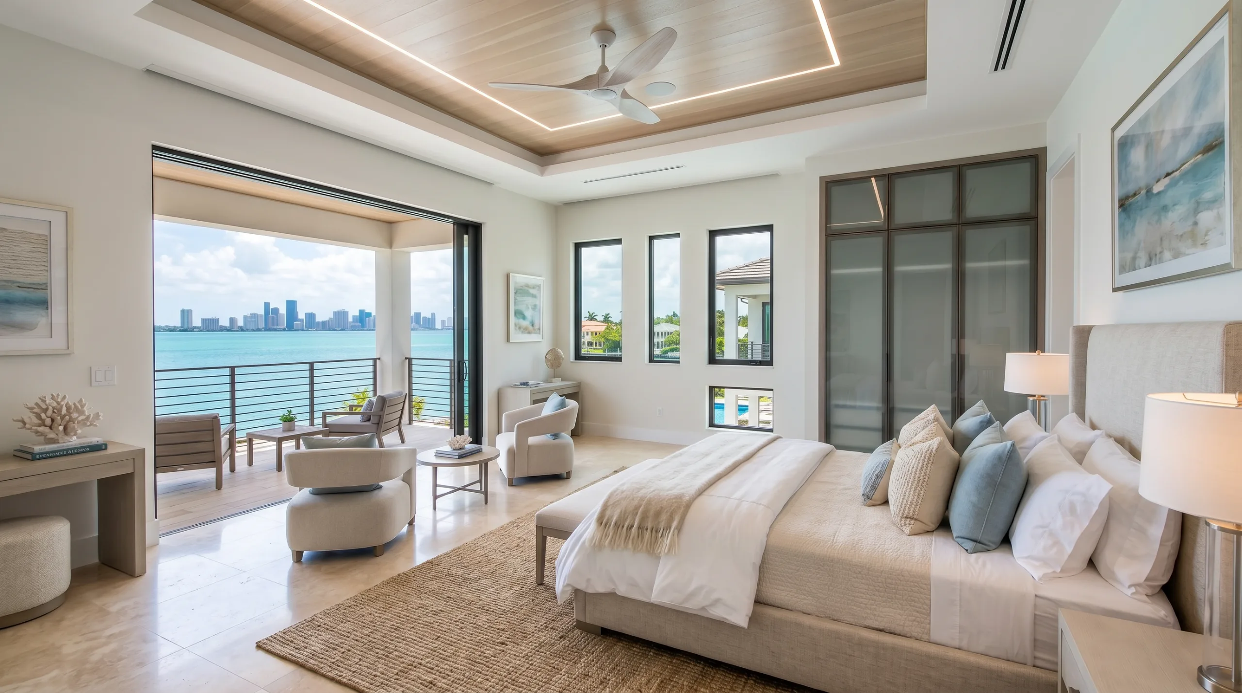 Primary suite opening to a waterfront balcony
