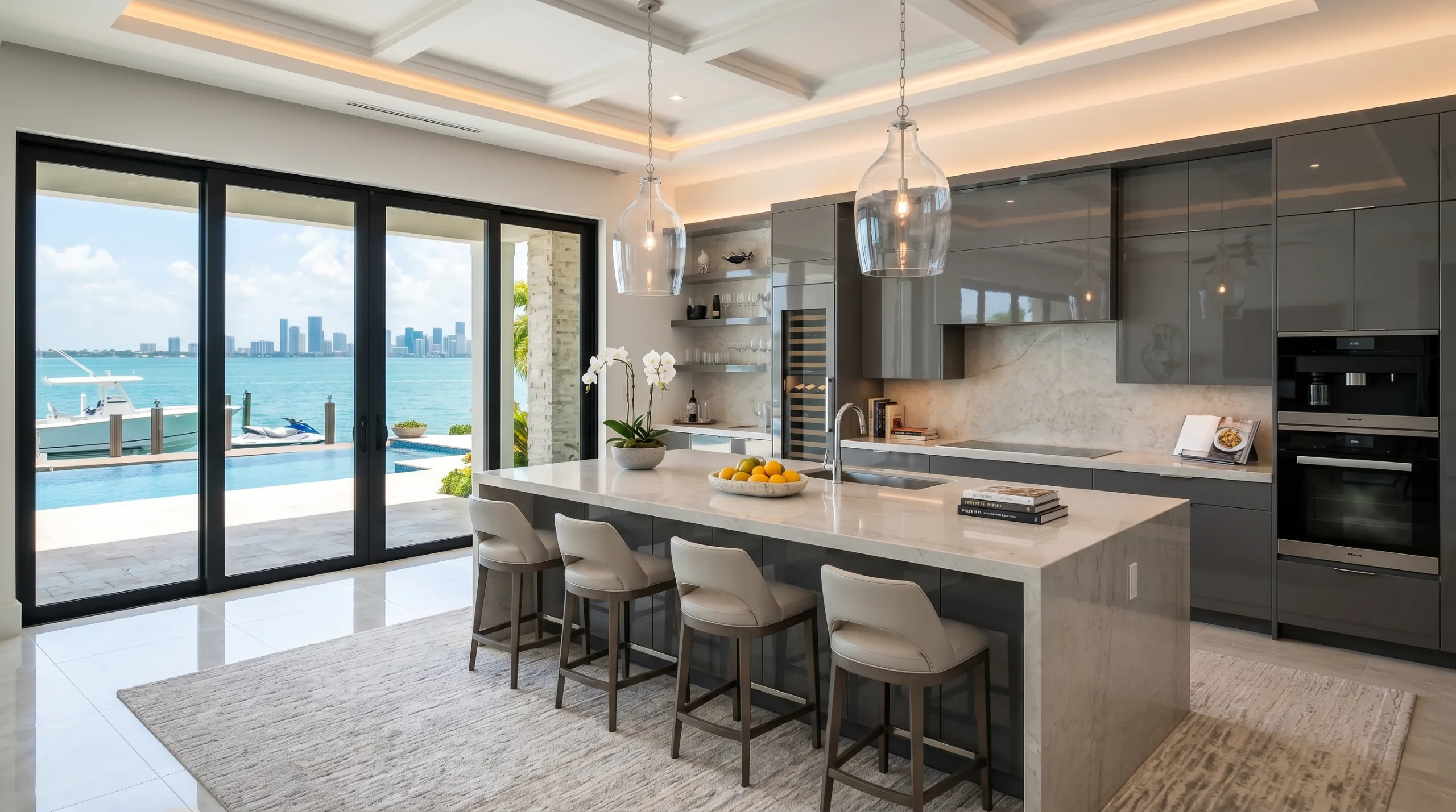 Designer kitchen with bay view