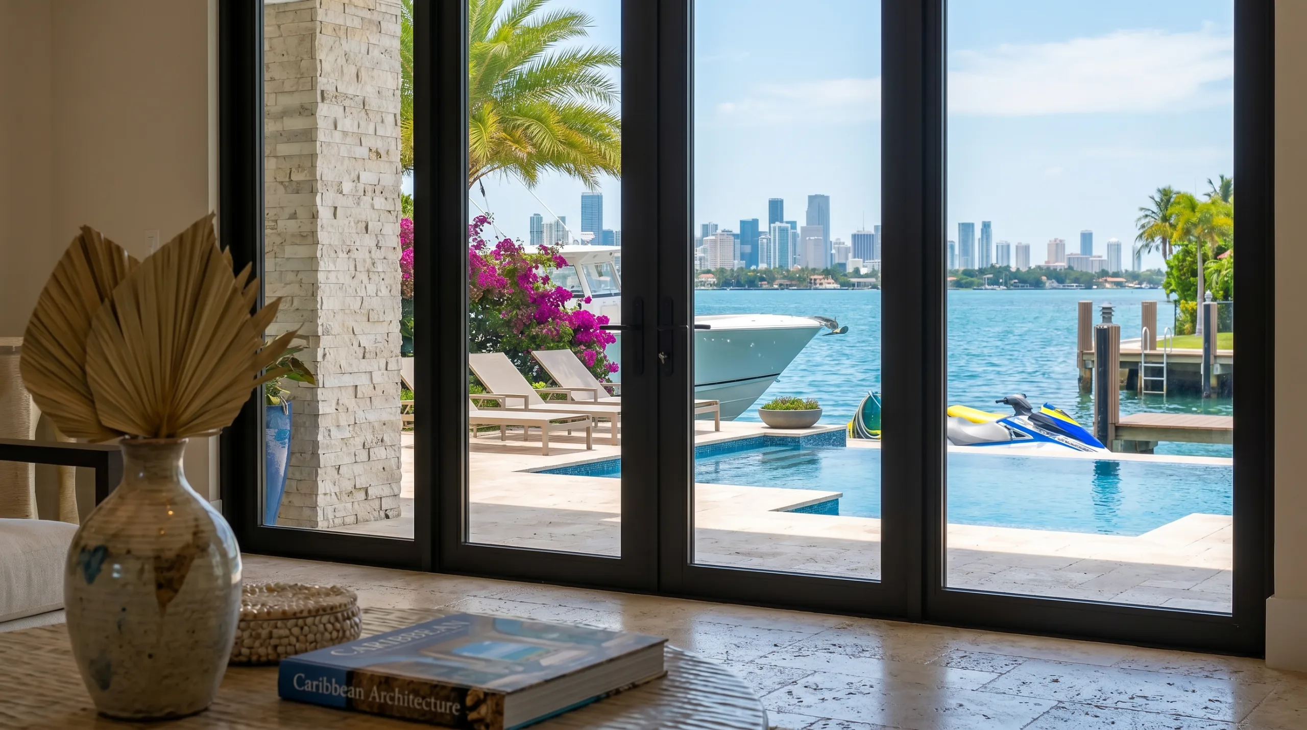 Living room with bay, skyline and dock view