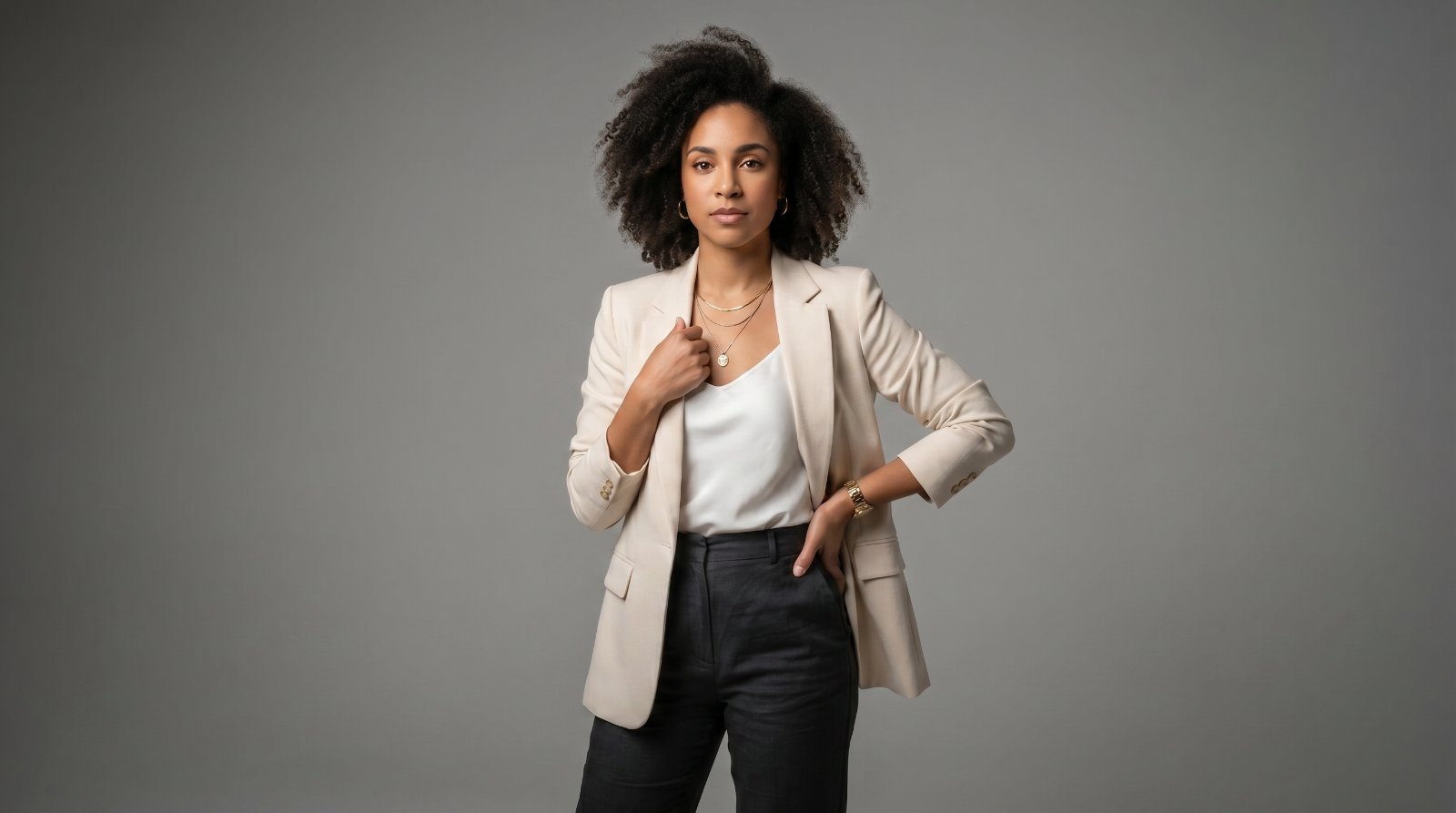 Studio portrait, confident pose