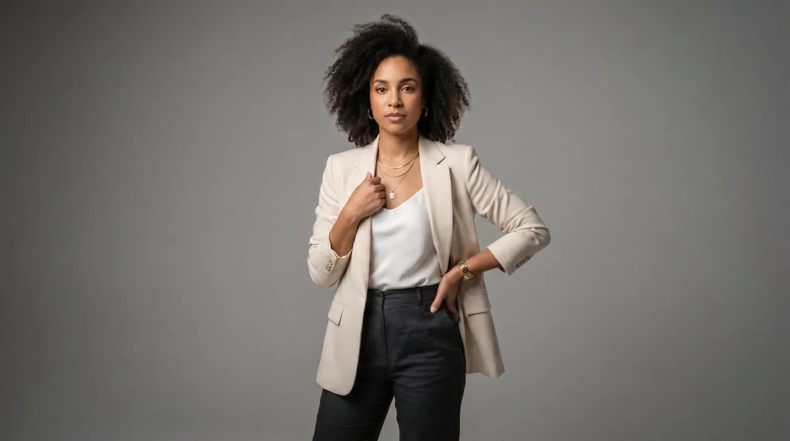 Studio portrait, confident pose