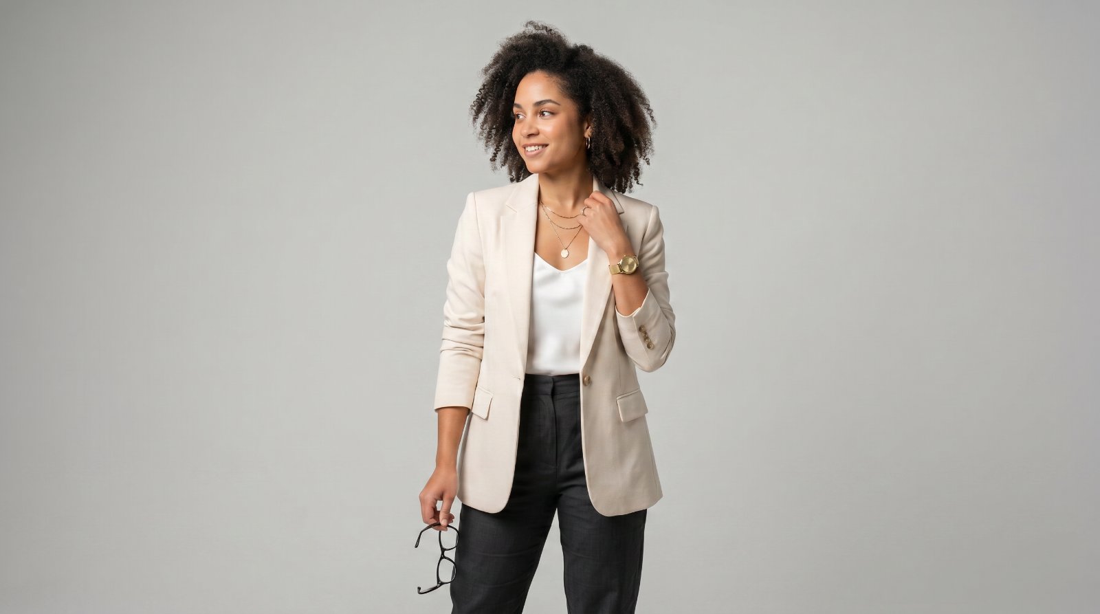 Studio portrait holding glasses