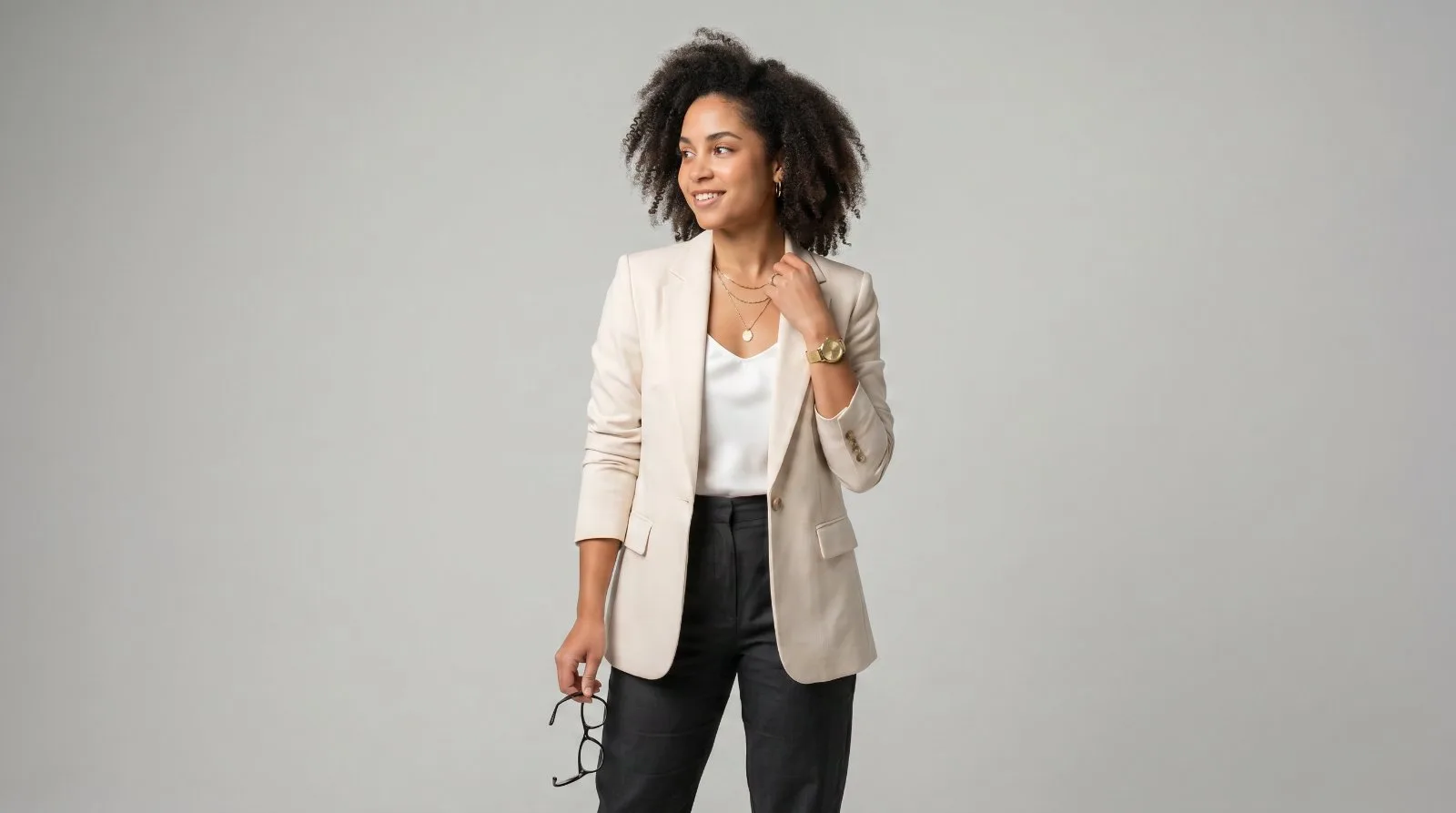 Studio portrait holding glasses